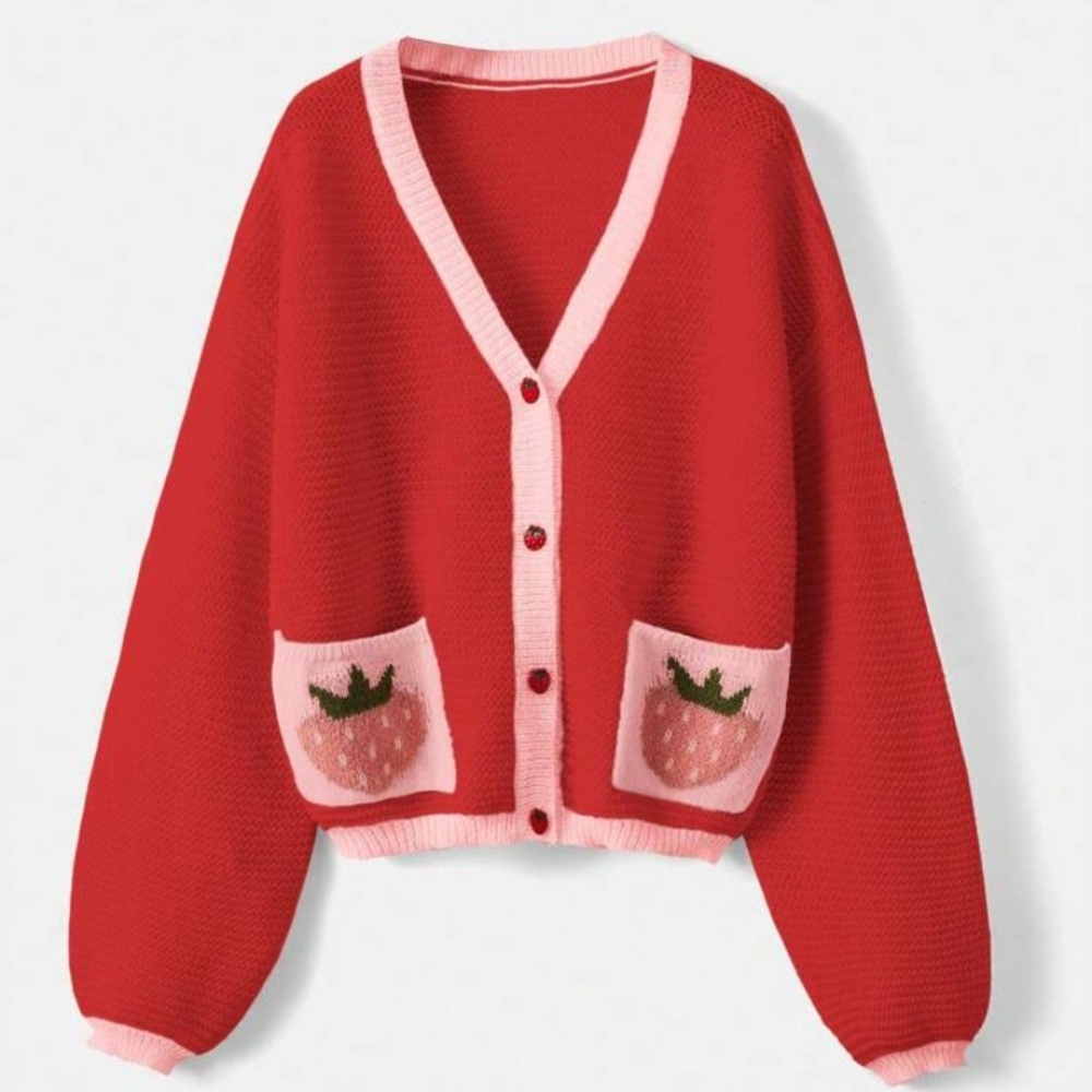 Women’s Pink and Red Strawberry Pattern Shoulder Drop Cardigan